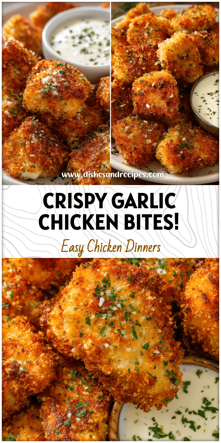 Golden crispy garlic parmesan chicken bites served on a plate with dipping sauce and sprinkled herbs.